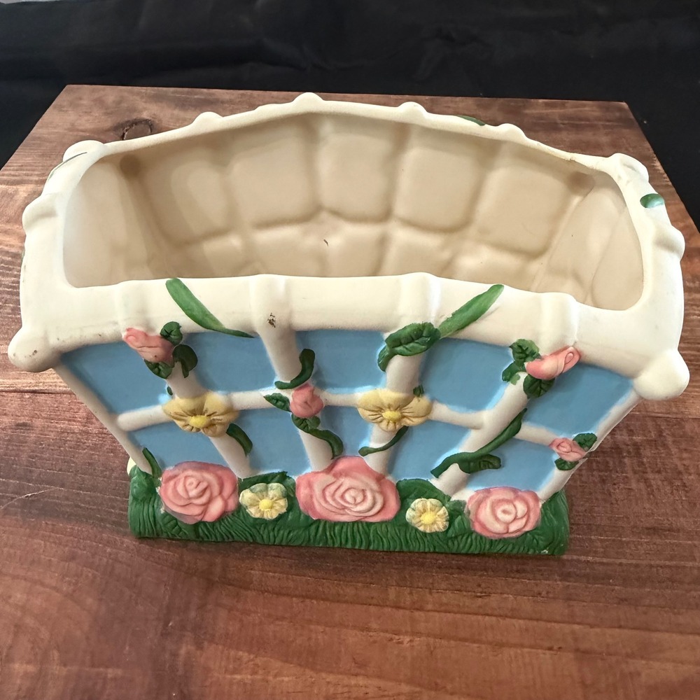 Vintage FTD Ceramic Garden Trellis Planter Pink Roses Blue Sky Picket Fence
